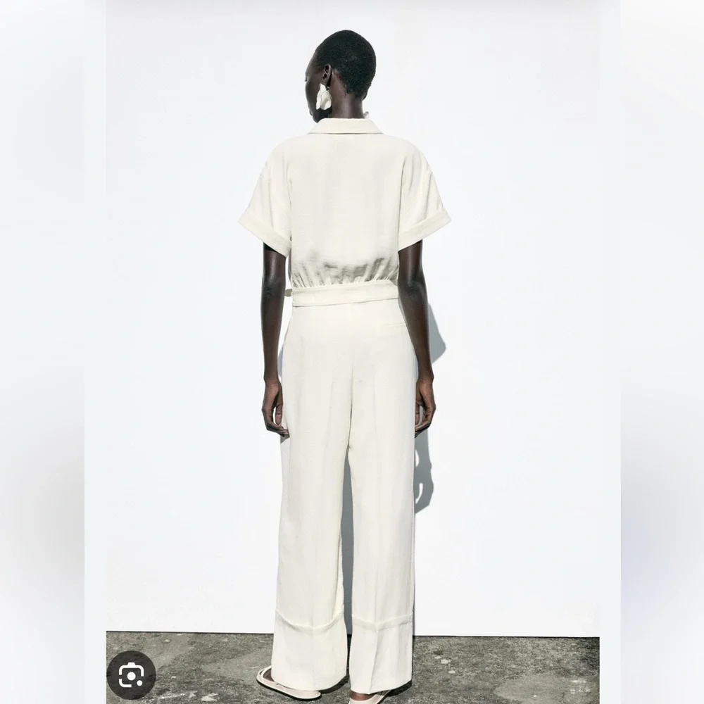 Zara NWT wide leg belted jumpsuit ecru 3278/957